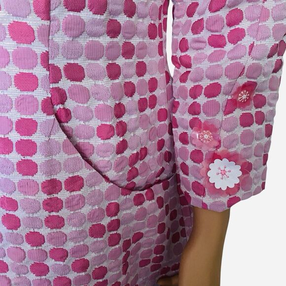 Vtg Thick Poly Mod Floral Pink Shift Dress Poka Dot Pockets Lined Boat Collar 3D - Picture 3 of 16
